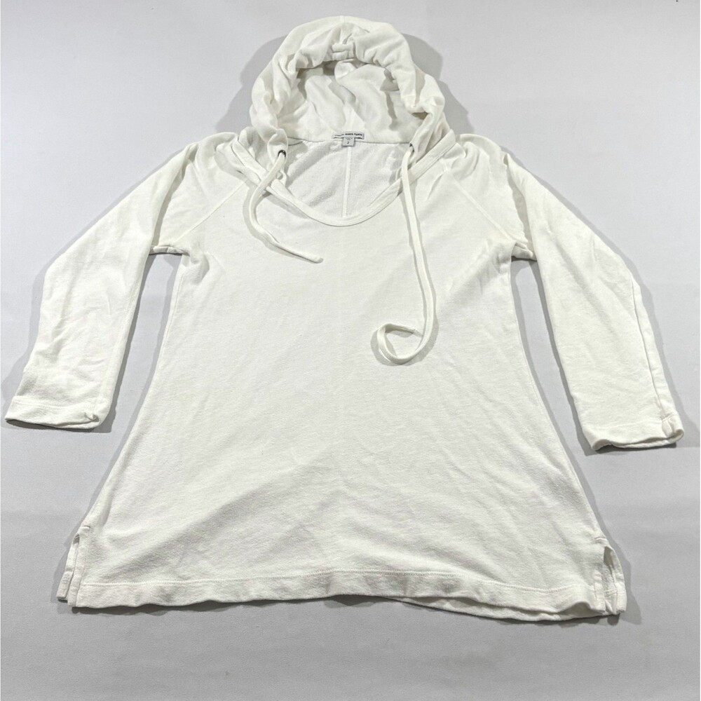 James Perse Womens White Pullover Hooded Tunic Sweatshirt Y2K Cotton Sz 2 M USA